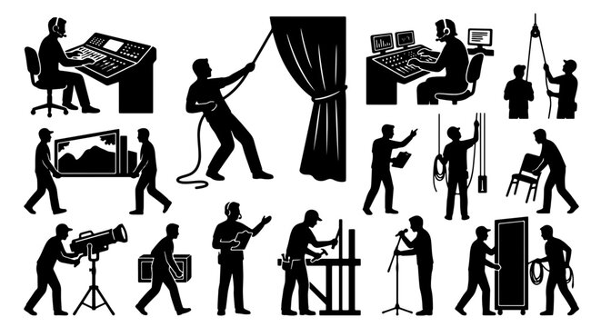 Professional stage crew silhouettes, theater production staff and backstage technicians set, entertainment industry workers vector icons