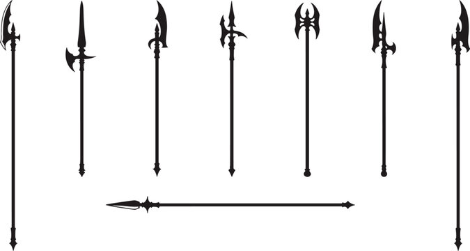 Collection of Stylized Polearm and Spear Silhouettes Featuring Ornate Medieval and Fantasy Designs