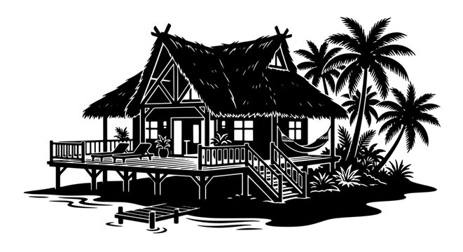 Tropical beach bungalow vector illustration, exotic island hut with palm trees, black and white coastal villa silhouette for travel branding