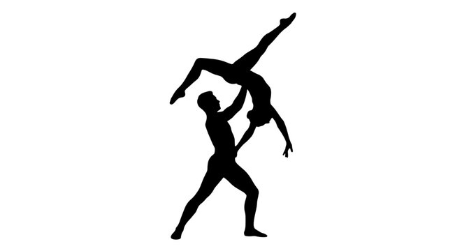 Acrobatic couple silhouette performing a lift, professional gymnasts in dynamic pose, artistic dance partners vector illustration