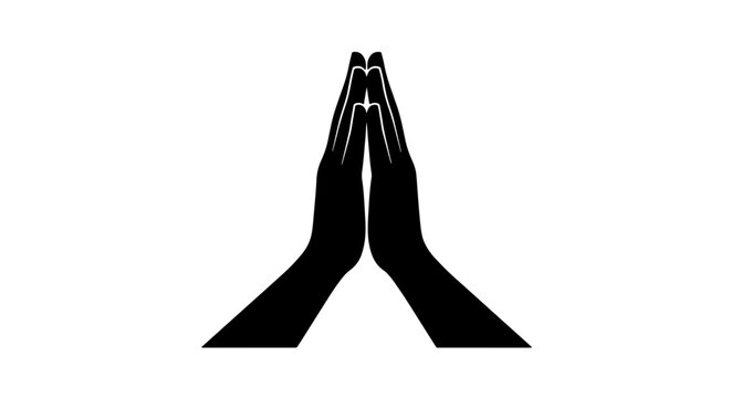 Minimalist praying hands silhouette vector, black prayer gesture icon on white background, spiritual namaste and gratitude symbol for religious design