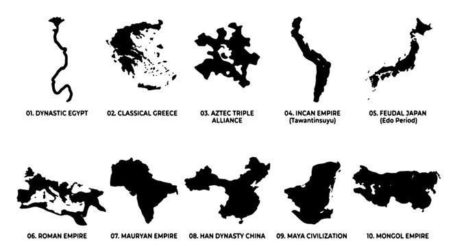 Historical world empire maps collection, 10 ancient civilization territory silhouettes, black vector borders for educational history infographics