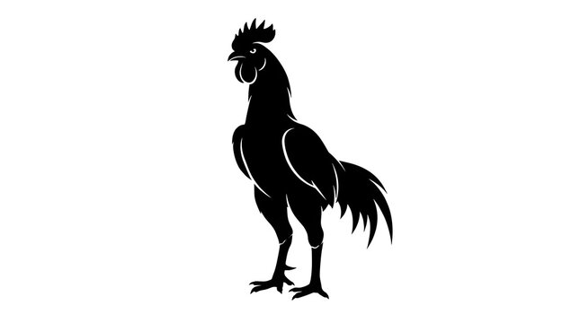 Clean and bold black silhouette of a standing rooster, side view vector illustration of poultry bird isolated on white background.