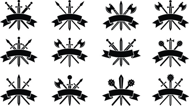 Set of Medieval Weapon Emblems with Blank Ribbon Banners Featuring Swords, Axes, Spears, and Maces