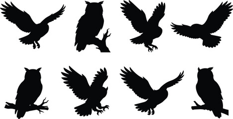 Obraz premium Collection of black owl silhouettes featuring birds of prey flying and perched on branches isolated on a white background