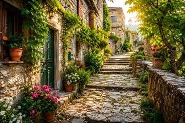 Obraz premium Sunlit Mediterranean Alley, Rustic European Street, Vibrant Architecture, Warm Summer Atmosphere, Photorealistic 8K
