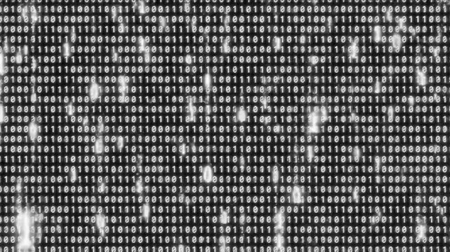Binary code pattern on black digital background.