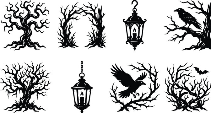 Collection of spooky Halloween silhouettes featuring dead bare trees vintage lanterns flying ravens thorns and bats on white background