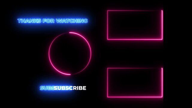 Neon glowing you tube end screen template with animated subscribe button and social media overlay for channel outro