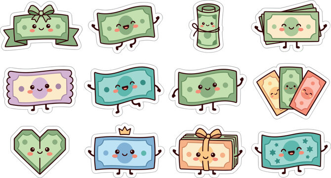Cute Kawaii Banknote and Cash Sticker Set Featuring Chibi Money Bill Cartoon Characters for Savings, Wealth, and Business Graphic Designs