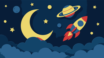 Rocket, moon, and planet vector illustration with dark blue background © MD
