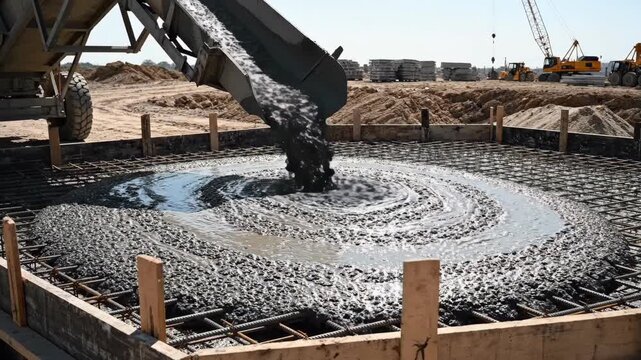 Pouring wet concrete mix into steel reinforcement foundation formwork