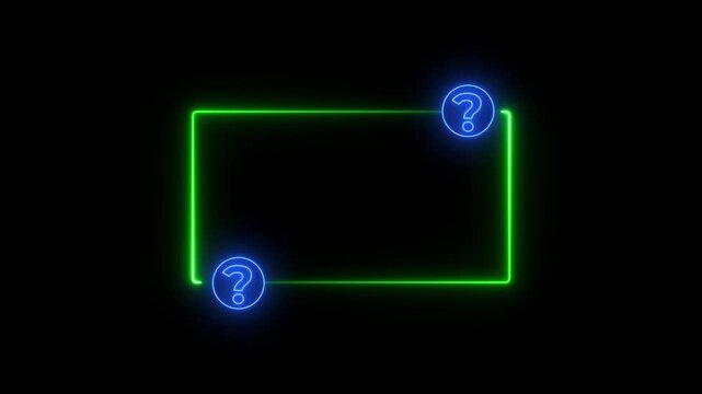 Neon green rectangular frame with glowing blue question mark for faq and problem solving border rectangle
