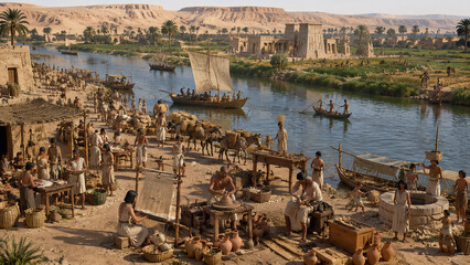 Obraz premium Bustling Ancient Egyptian City Along the Nile River with Traditional Temple, Market Vendors, Boats, and Desert Landscape, Generative AI