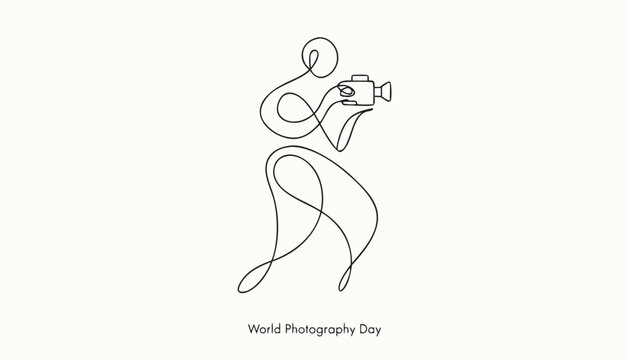 Continuous line drawing of photographer, World Photography Day icon, minimal illustration, simple logo