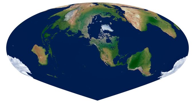 World Map. Sinu-Mollweide projection. Detailed animation of Earth's longitude rotation. Physical and topographic features.