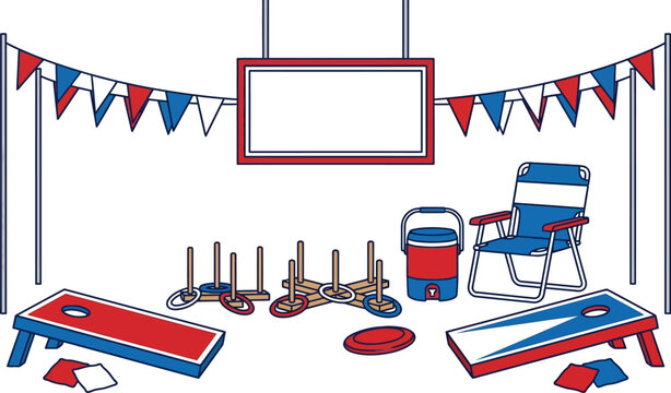 Lawn games and outdoor equipment are displayed in a festive backyard setup for a party.