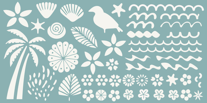 White Silhouettes Of Marine Life And Tropical Plants Against Teal