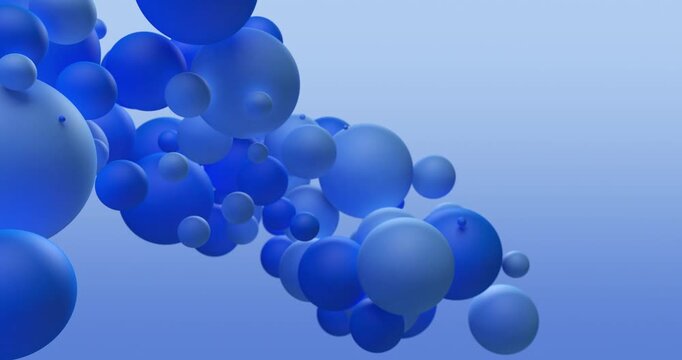 Numerous glossy blue 3D spheres of different sizes float and cluster together against a soft gradient background, creating a clean modern motion scene.