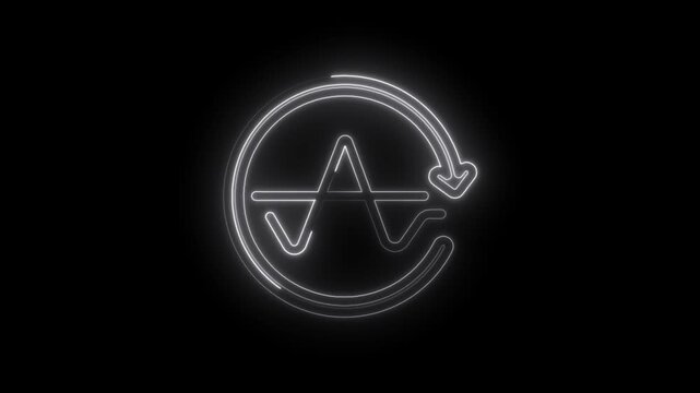 Neon abstract waveform symbol with circular arrow animation on icon black background futuristic