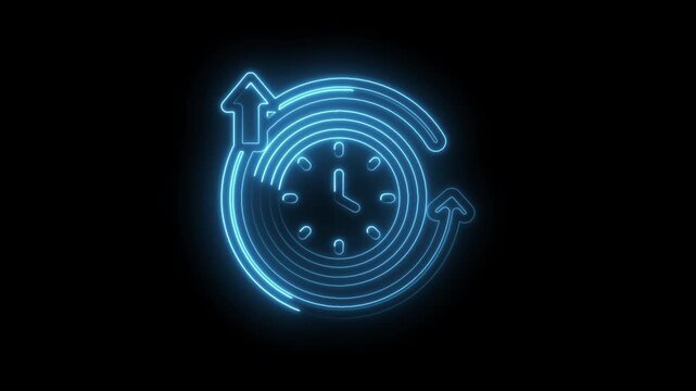 Neon blue clock icon with circular arrows and upward arrows symbolizing time management