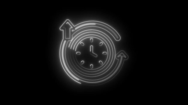 Neon clock with circular arrows and upward arrow glowing on black background representing icon