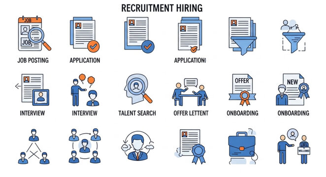 Recruitment and Hiring Process Icons Set.