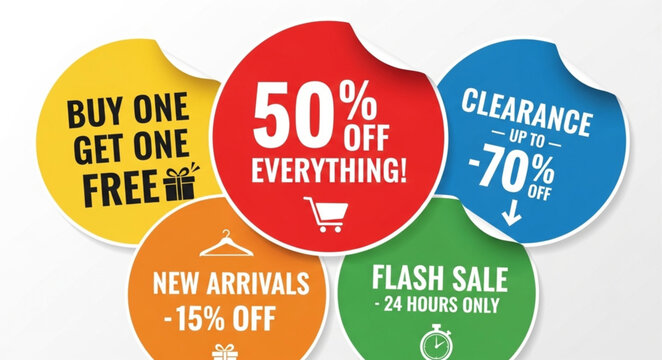 Sale discount tags with special offers and percentages off.