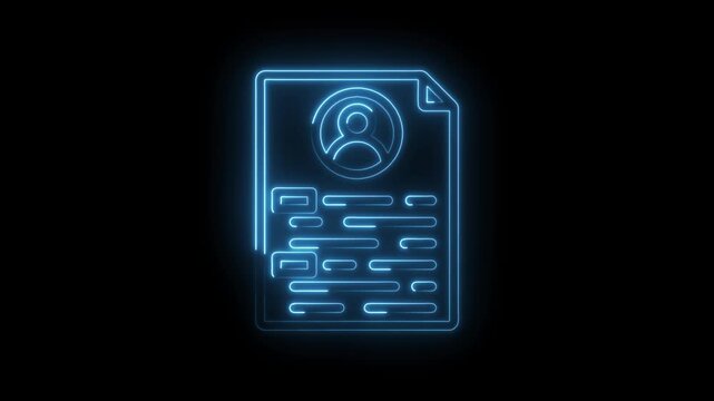 Glowing blue neon resume icon on black background abstract digital profile document with person