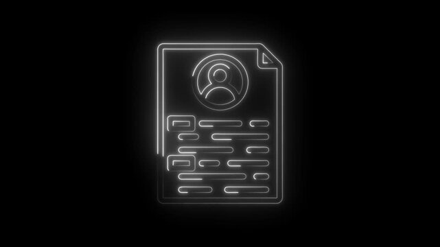 Glowing neon resume icon animation on black background professional profile document with user