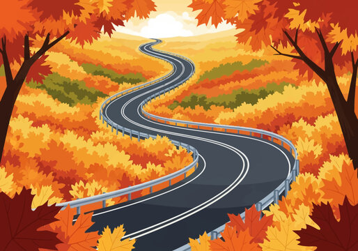 Vector illustration of a winding asphalt highway with guardrails snaking through a dense autumn forest of red, orange, and yellow maple trees under a bright horizon background.
