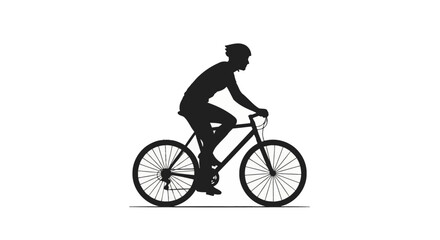 Obraz premium Full side profile black silhouette of a person wearing a helmet and cycling gear riding a road bicycle, isolated on a solid white background with a thin horizontal ground line.