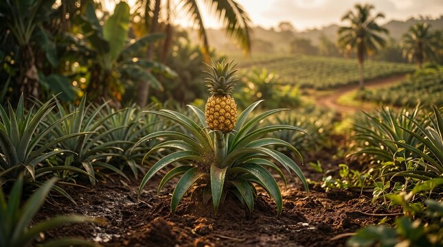 Pineapple plant with ripe fruit in tropical field at sunset
