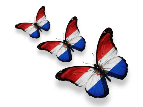 Three butterflies with the flag of paraguay isolated on white background
