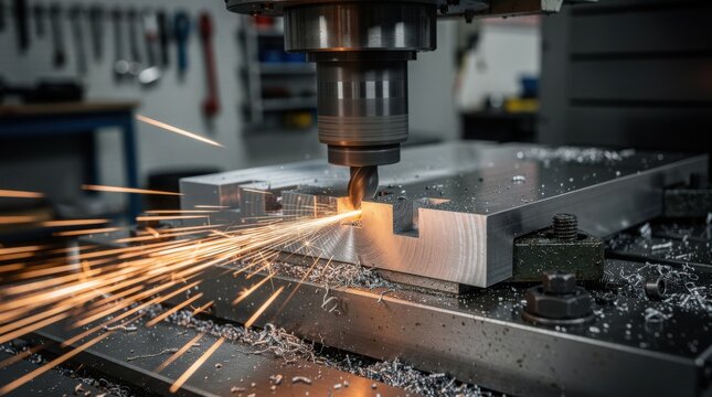 A CNC milling machine cutting metal, producing sparks and metal shavings in an industrial workshop setting.
