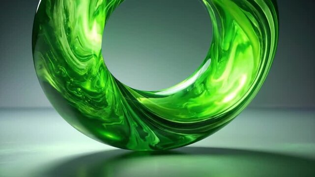 A glossy green glass ring rests on a smooth reflective surface