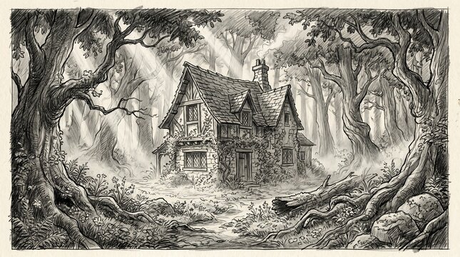 Mysterious old house in forest with trees and roots