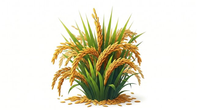 Golden rice plant with green leaves and scattered grains isolated