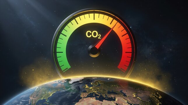 A glowing CO2 gauge above Earth shows rising carbon dioxide levels reaching the red danger zone, symbolizing climate change and environmental threat.
