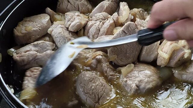 Pork and chopped onions are cooking together in a simple homemade broth