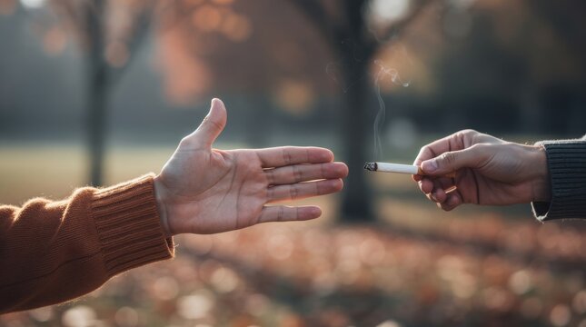 Two hands are shown, one offering a lit cigarette and the other reaching to take it outdoors with a blurred autumn background.