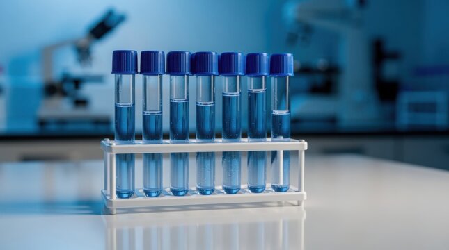 Test tubes with blue caps filled with a clear liquid are arranged in a white rack on a shiny surface in a laboratory setting.