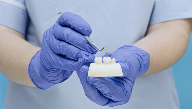 Dentist holding a dental jaw model and examining ceramic crowns with a professional tool