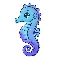 Cute cartoon blue seahorse vector illustration, adorable marine animal character isolated on white background © Creative