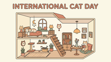 Cozy illustration of a multi-level home interior celebrating International Cat Day with sleeping and reading cats. © Banana Milk