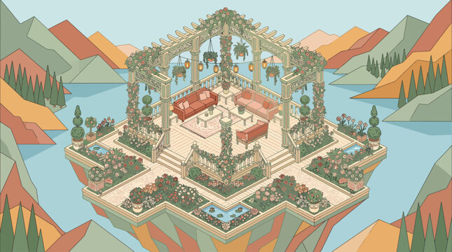 Surreal floating garden pavilion with ornate architecture and serene water features surrounded by mountains.