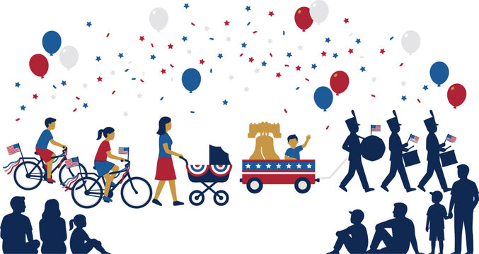 Families and children participate in a festive independence day parade featuring bicycles and a miniature float.