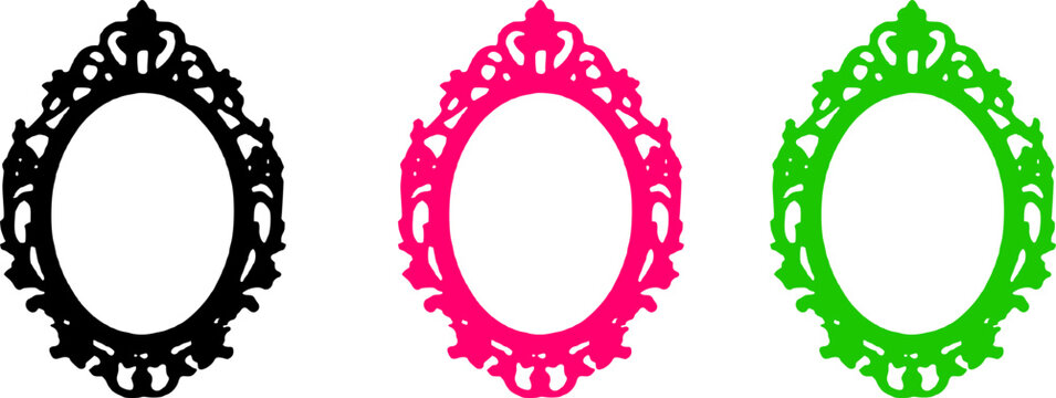 Three ornate oval picture frames in black, pink, and green colors, isolated on white background for decoration and design