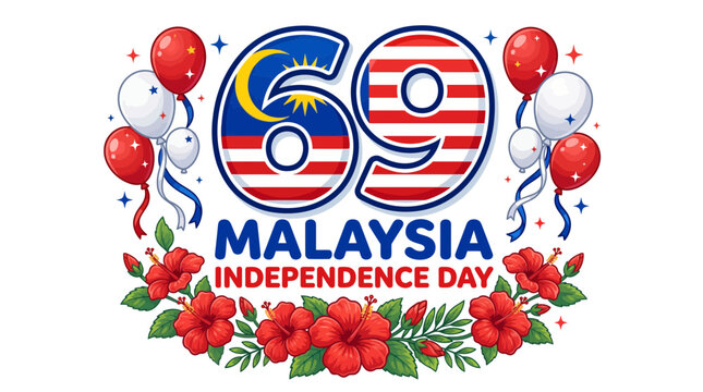 Festive graphic for Malaysia's 69th Independence Day with national flags and floral accents.