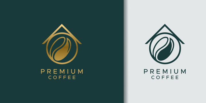 Elegant premium coffee house logo design featuring a golden bean within an abstract home shape, symbolizing quality and comfort for a modern cafe brand